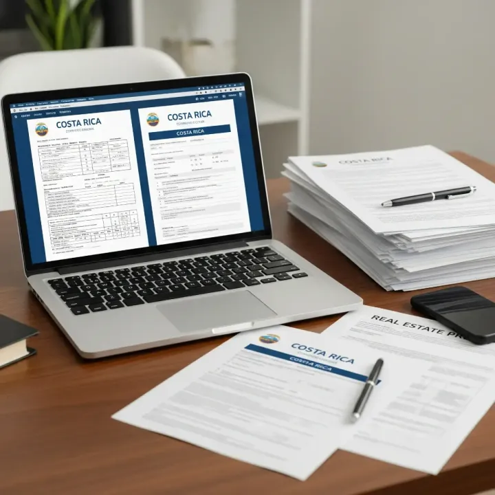 A desk with a laptop and paperwork for Costa Rican taxes
