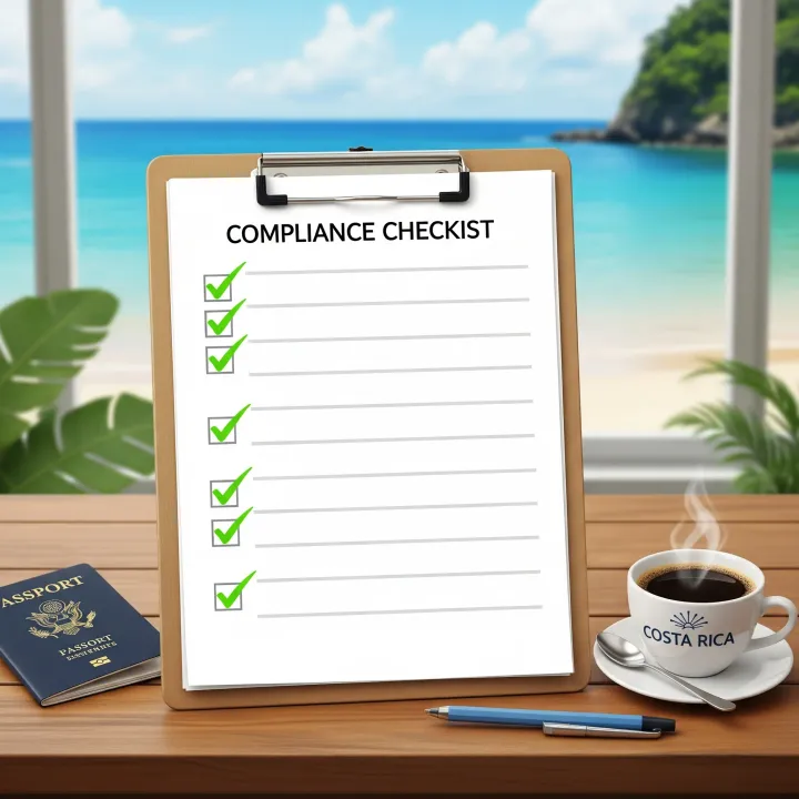 A compliance checklist on a desk with a passport and a cup of Costa Rican coffee.