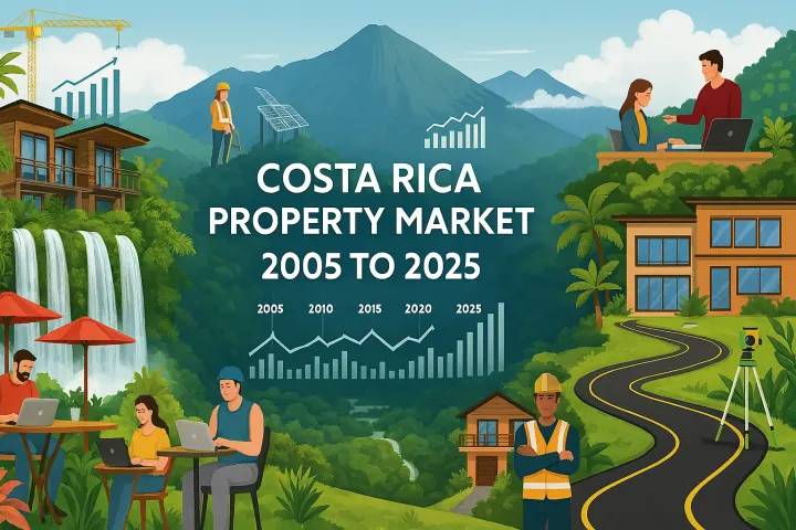 An infographic illustrating the growth of the Costa Rica property market from 2005 to 2025, showing new construction, luxury homes, and positive trend graphs.