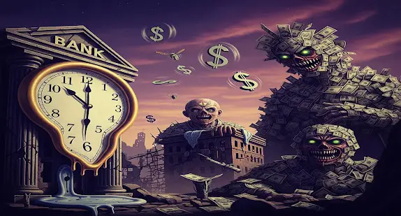 A surreal depiction of a financial nightmare, with monsters made of money and a melting clock in front of a bank.
