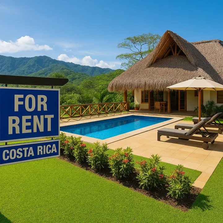 A "For Rent Costa Rica" sign in front of a tropical luxury villa with a swimming pool and a lush mountain background.