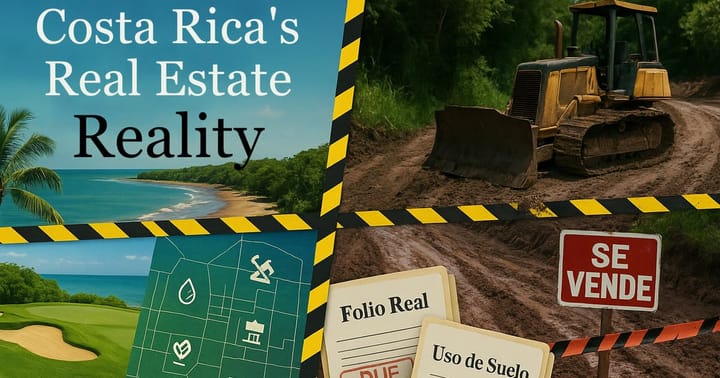 Postcard for Costa Rica real estate reality: beach vs muddy build, bulldozer
