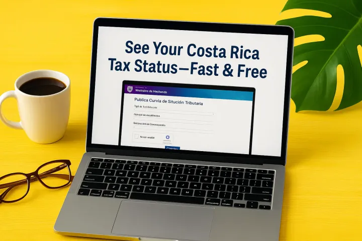Laptop on a yellow desk showing Costa Rica’s OVi-TRIBU-CR tax status page