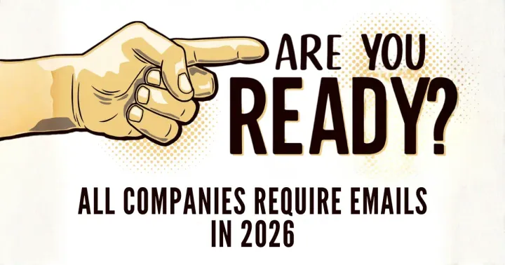 Hand pointing toward a 2026 company email requirement notice.