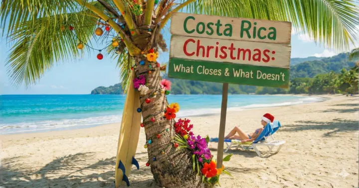 Tropical Christmas beach scene in Costa Rica with a sign reading “What Closes & What Doesn’t”