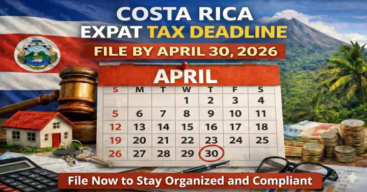 Costa Rica expat tax deadline graphic with April 30 circled on the calendar.