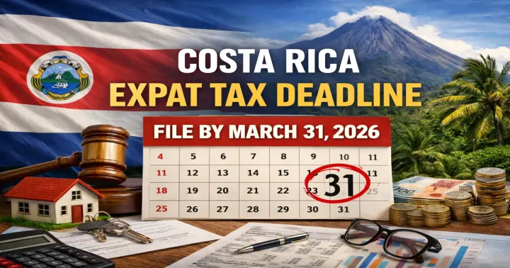 Costa Rica expat tax deadline graphic with March 31 circled on calendar.